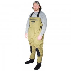 Fishing chest waders for men anglers fishing in lakes, rivers, streams with waterproof, breathable material, neoprene stocking foot, front zippered pocket and fleece lined warmer pocket from CG Emery, a leading wholesaler with a retail network of fishing and hunting stores across Canada offering outdoor products for sale, including gear, clothes, apparel, equipment and accessories for men, women, youth and kids in Ontario,  Alberta, British Columbia, Manitoba, New Brunswick, Newfoundland and Labrador, Nova Scotia, Prince Edward Island, Quebec, and Saskatchewan.