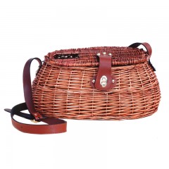 Streamside willow fishing creel with leather carrying strap